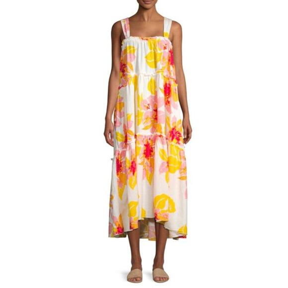 Free People Moonshine Midi Flower Linen Tiered Dress Anthropologie Boho Hippie - Picture 4 of 8